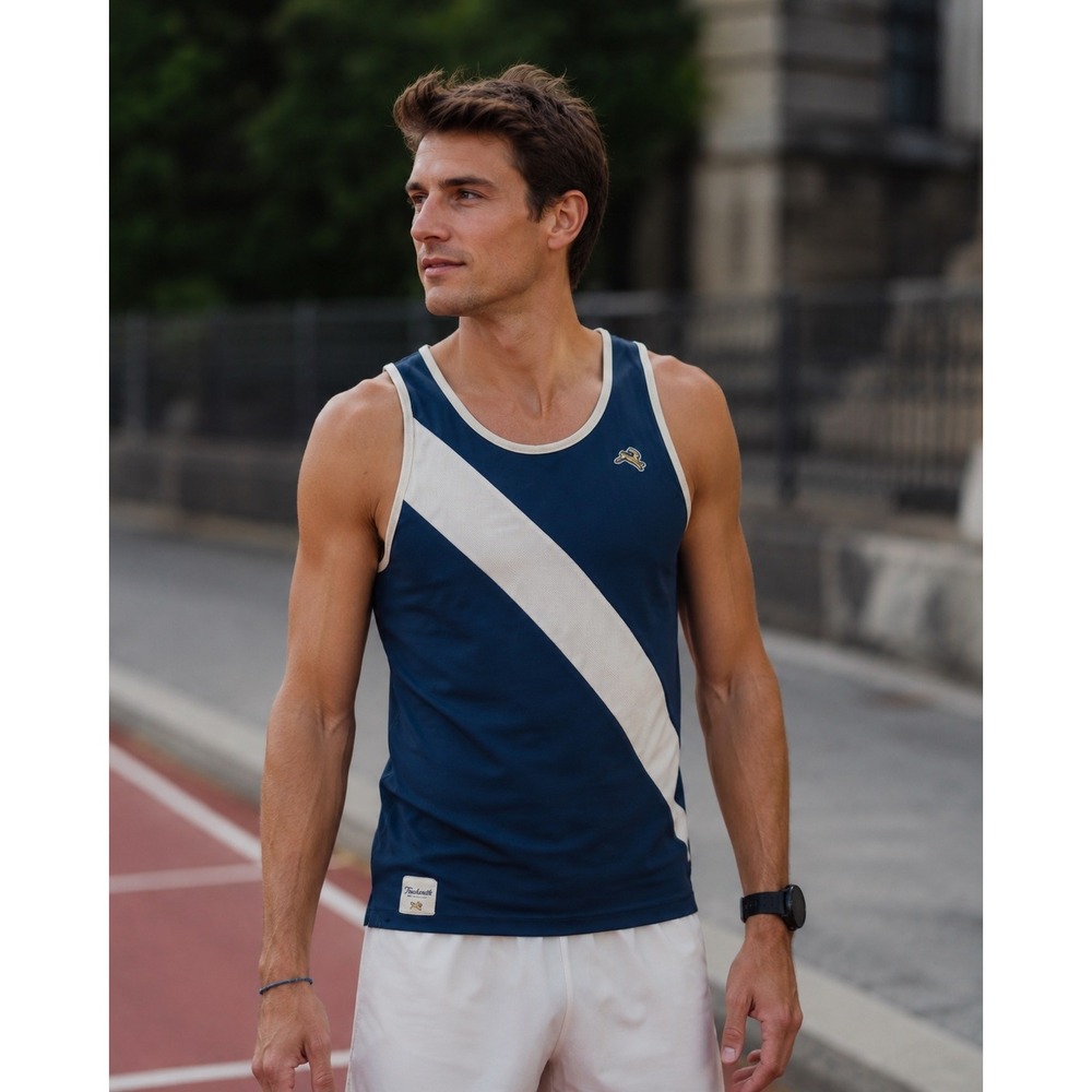 Tracksmith Mens Van Cortlandt Singlet Navy Blue Ivory Running Tank Top Size S